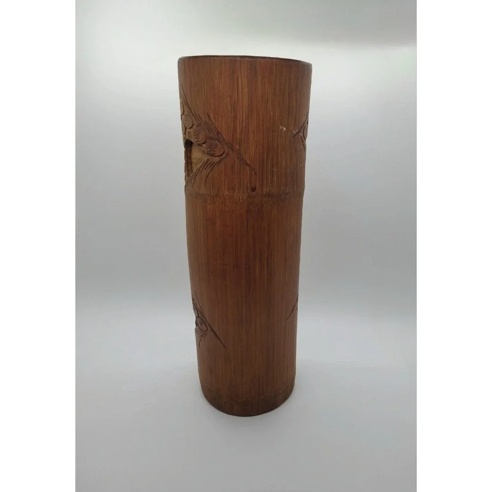 Chinese Bamboo Brush‎ Pot Carved Wooden Asian Flower Vase